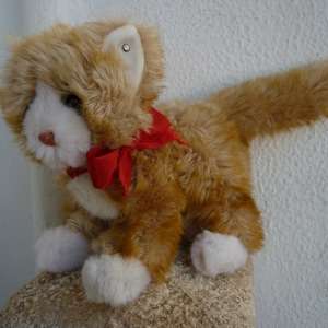 vintage,Steiff plush cat with silverscript ear button Ginger,orange,striped,tabby,plush kitten.