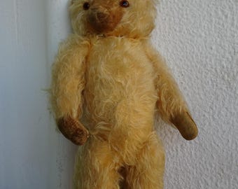vintage,13'' golden mohair teddy bear,velveteen paws,nose,ears,v.worn.