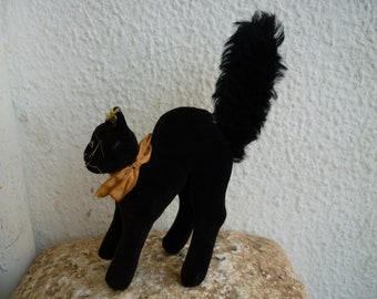 vintage,Steiff,scaredy,Scary Tom Cat,Black Velvet And Mohair,4'' or 10 cm.with silverscript ear button