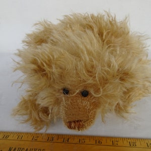 Può includere: Un piccolo animaletto di peluche, di colore beige chiaro e soffice, con occhi neri. L'animale è sdraiato sulla pancia con la testa rivolta verso la fotocamera.