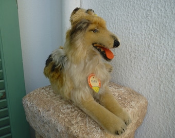vintage,Steiff rough collie,Scottish,Lassie dog,reclining position,button,flag & name tag.