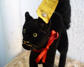 vintage,Steiff,scaredy,Scary Tom Cat,7410,00,Black Velvet And Mohair,4'' or 10 cm.silverscript ear button,label