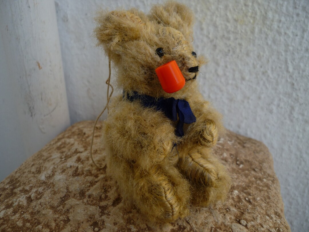 Antique,5'' Miniature,bear With Plastic Pipe,stick,jointed Limbs,silk ...