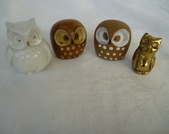 lot of 4 miniature owl,bird figurines,3 are ceramic,1 is made of brass.