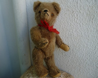 kleine, vintage, 10'' teddybeer, volledig beweegbaar, glazen ogen, werkende pieper