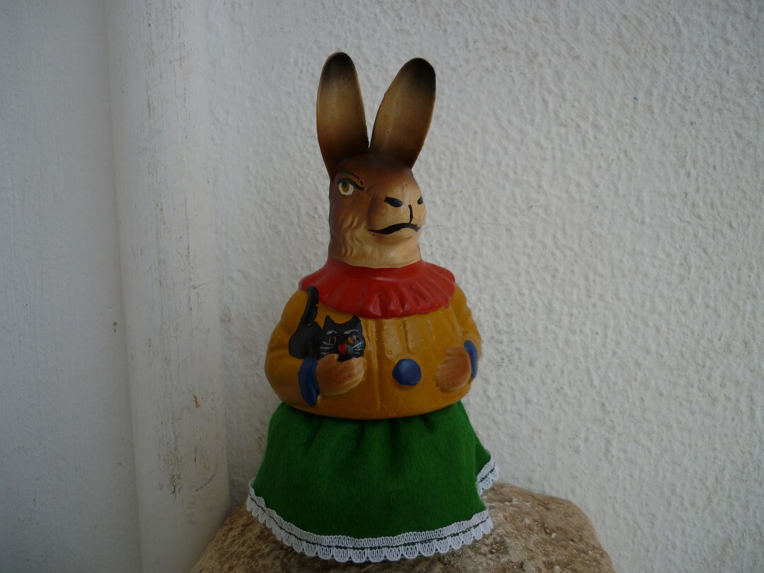 German,easter Rabbit,mrs Bunny With Cat & Green Skirt,candy Container