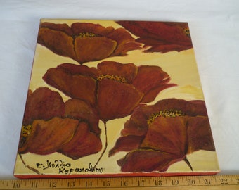 vintage painting on canvas,red flowers,student,floral art study,acrylic,watercolor,wooden frame,signed.