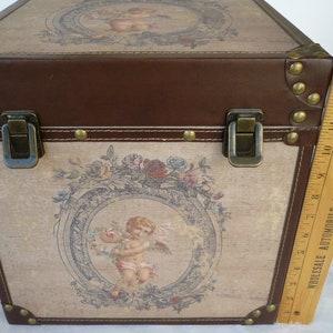 vintage,fabric covered,wooden box,chest,trunk faux leather trim & brass embellishments.