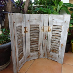 Könnte beinhalten: Ein verwitterter, weiß lackierter Holzschirm mit vier Scharnierfeldern. Jedes Feld hat horizontale Lamellen und rostige Metallscharniere. Der Schirm ist freistehend, mit einer Vintage-Ästhetik. Der Hintergrund umfasst Topfpflanzen und Laub.