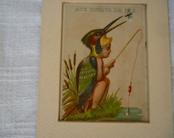 Aux Doigts De Fee,antique,French Chromolith publication,trade card,advertising.Kingfisher/child fishing.