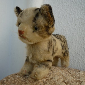 vintage,Steiff,tabby cat,stuffed kitty,green,glass eyes,sewn nose,mohair,no id&#39;s,unjointed.