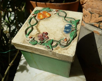 small,vintage,shabby chic,painted card,gift box with ornate embellished fruits design on lid.