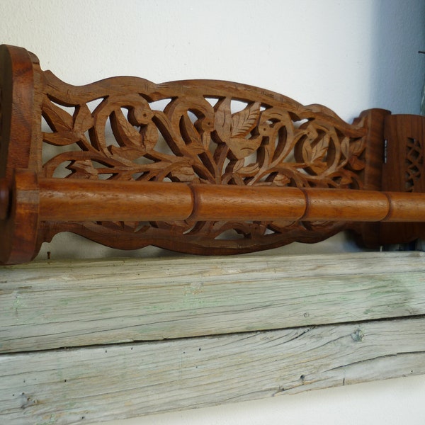 Vintage,hand-carved,Indian rail,natural,ornate,wooden folding rack,leaves & scrolls