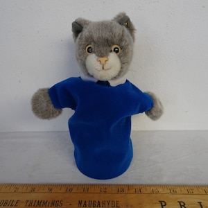 vintage,10&#39;&#39; Steiff,gray,grey cat,hand puppet,button in ear,Made in West Germany