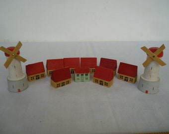 Vintage,small,German,mini,wooden block houses,Erzgebirge village & windmills.