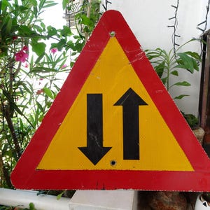 vintage,aluminum,reflective,road,street sign,two way traffic,industrial,very bent & worn.