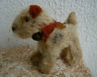 antique,Steiff dog,small,3'' Foxy terrier,silverscript button & orig ribbon with bell