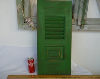 vintage,French,solid wood,green painted,shutter panel,shabby chic garden or interior decor.