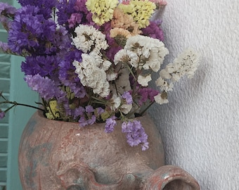 Amphore grecque vintage ouverte sur les côtés, cache-pot, fait main, terre cuite en argile, pot de jardin avec anse, effet vieilli, urne.