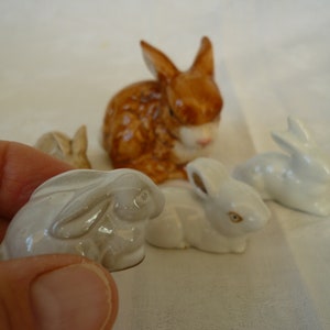 joblot of 5,vintage,glazed ceramic rabbits,bunnies,miniature bunny figurines,various designs & sizes