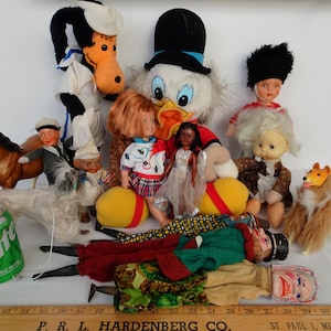 Lot of 14,vintage,plush,wood,plastic toys,dolls,very worn with many faults.
