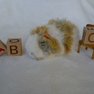 May include: Three wooden blocks with the letters A, B, and C painted on them. A white and brown plush toy is lying on the floor in front of the blocks. A small wooden chair with a brown seat is in the background.