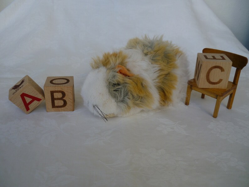 May include: Three wooden blocks with the letters A, B, and C painted on them. A white and brown plush toy is lying on the floor in front of the blocks. A small wooden chair with a brown seat is in the background.