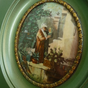 vintage,signed,Carl Spitzweg,miniature painting,The cactus friend,wooden frame,convex glass.