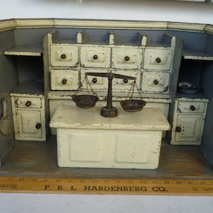 antique,German,doll&#39;s grocery shop,store or kitchen room,1930&#39;s tin & wood.