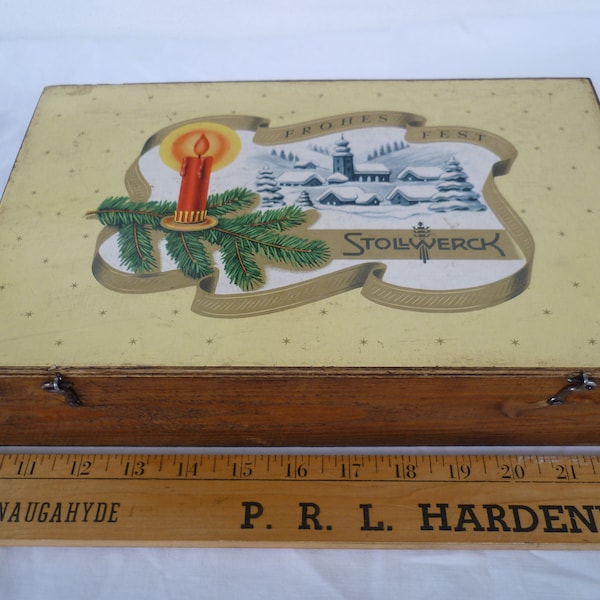 Vintage,German,wooden,Merry Christmas chocolate box,Candle on fir tree branch,snowy scene,Stollwerck,Happy Holidays