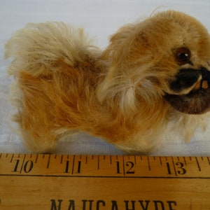 vintage, mohair, Steiff pekinees, peky, vintage knuffelhond, klein, puppy, draaibare kop, glazen ogen. Geen ID's