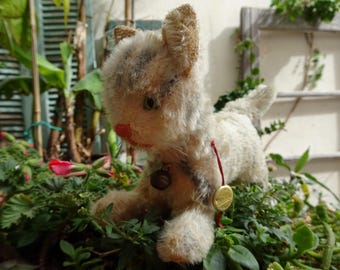 vintage,Teddy Hermann,Mohair Katze,Kätzchen,gestickte Nase,Filament Schnurrhaare,ID-Anhänger & Glöckchen.