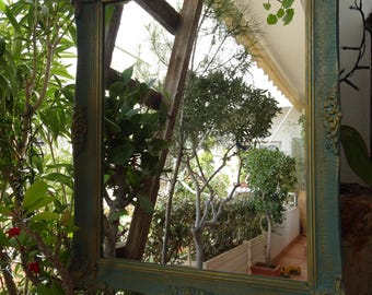 antique baroque mirror,teal green& gilt,shabby chic,French painted,carved wooden,ornate frame 20'' x 16''