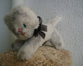 vintage,small,plush,German cat,unjointed,embroidered,pink nose.