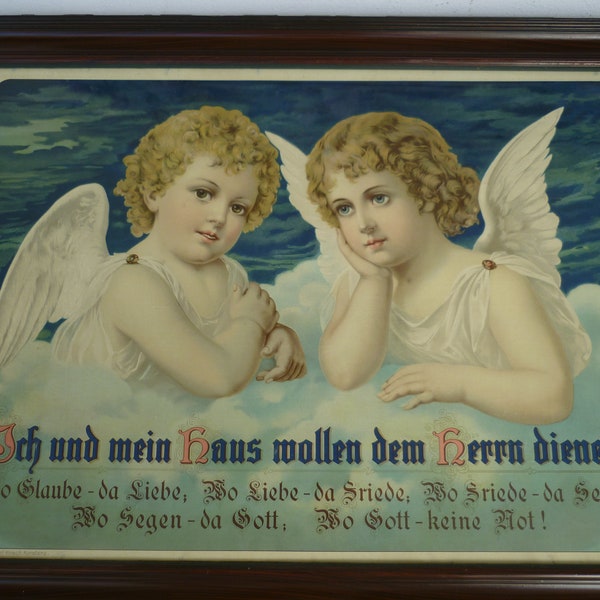 c.1880,antique,German house blessing,winged cherubs print,published by Carl Hirsch Konstanz in dark wood frame