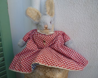 vintage TRUDI,topsy turvy,plush bunny rabbit & bear,reversible toy,gingham dress