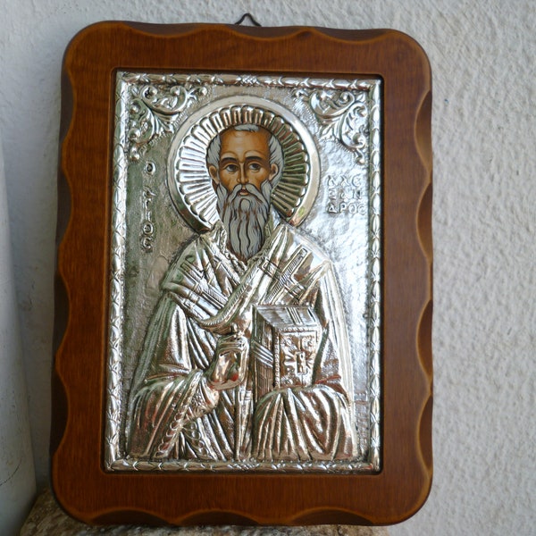 vintage,handmade,950 - 999 stamped silver,Greek icon,O Agios Alexandros,St.Alexander,Holy image on wood,silver plaque