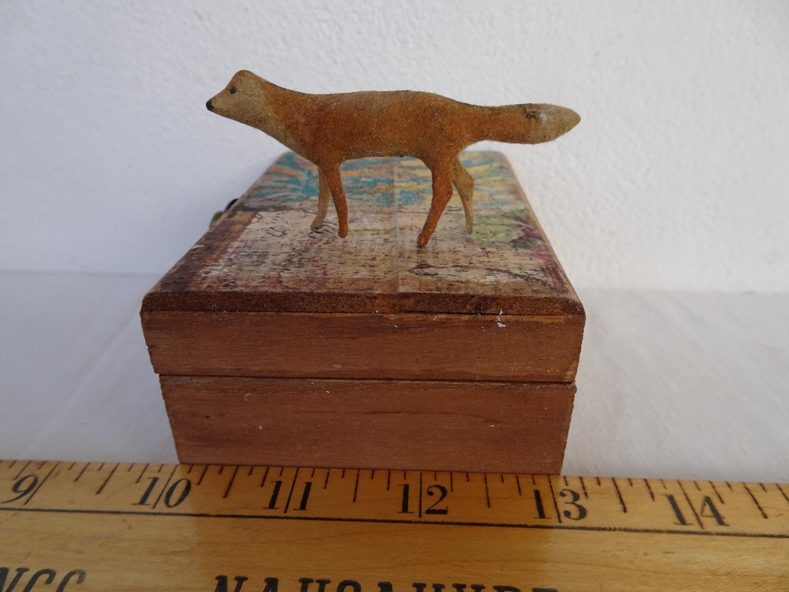 RARE,antique,composite,flocked,miniature fox,Putz German,c.1920 in wooden box.