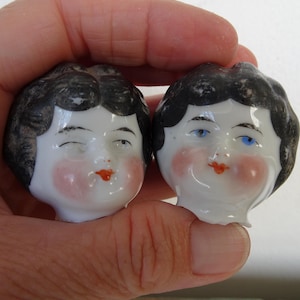 Two,broken,glazed,Antique,China doll heads,parts,flawed,Thuringia,German doll fragments.