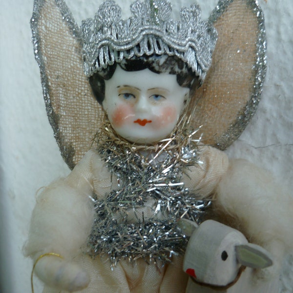 vintage,handmade,7'' German Christmas angel,fairy doll,tree topper,antique China head with spun cotton body.