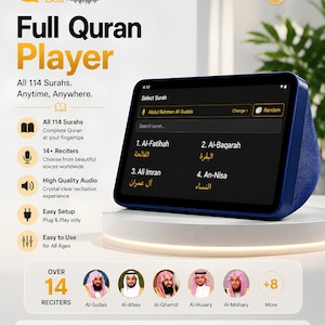 May include: A blue digital Quran player with a touchscreen display showing a list of Surahs and reciter options. The device features text including Azaan Box, Full Quran Player, and lists 14 reciters. It highlights features like 114 Surahs, high-quality audio, and easy setup.