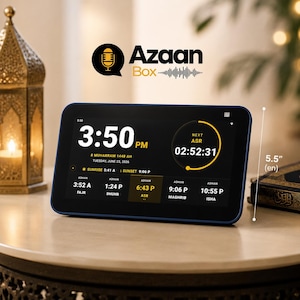 May include: A rectangular Azaan Box digital display device with a dark blue frame, showing a clock, prayer times, and a countdown timer. The screen displays 3:50 PM, 8 Muharram 1448 AH, and a 5.5-inch screen size indicator is visible on the right side.