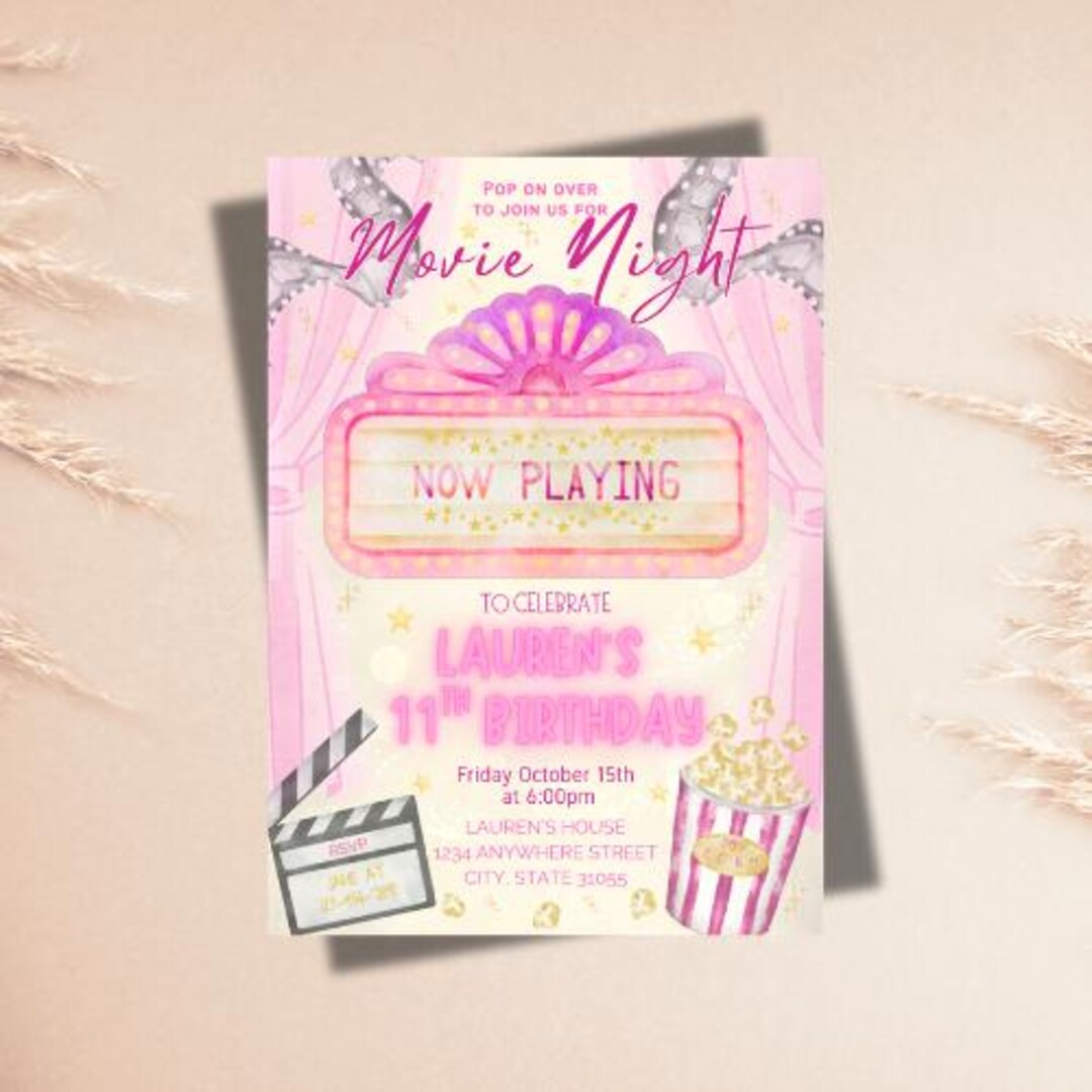 Movie Night Birthday Invitation – Pink Cinema Theme | Editable Canva ...