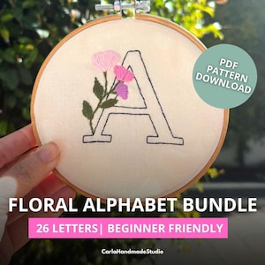 Floral Alphabet Hand Embroidery Pattern PDF, Monogram Letters A-Z, Minimalist Embroidery Design, Beginner Friendly, DIY Pattern