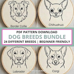 Dog Hand Embroidery Patterns Bundle, 24 Dog Breeds PDF, Cute Animal Embroidery, Beginner Friendly, DIY Embroidery Design