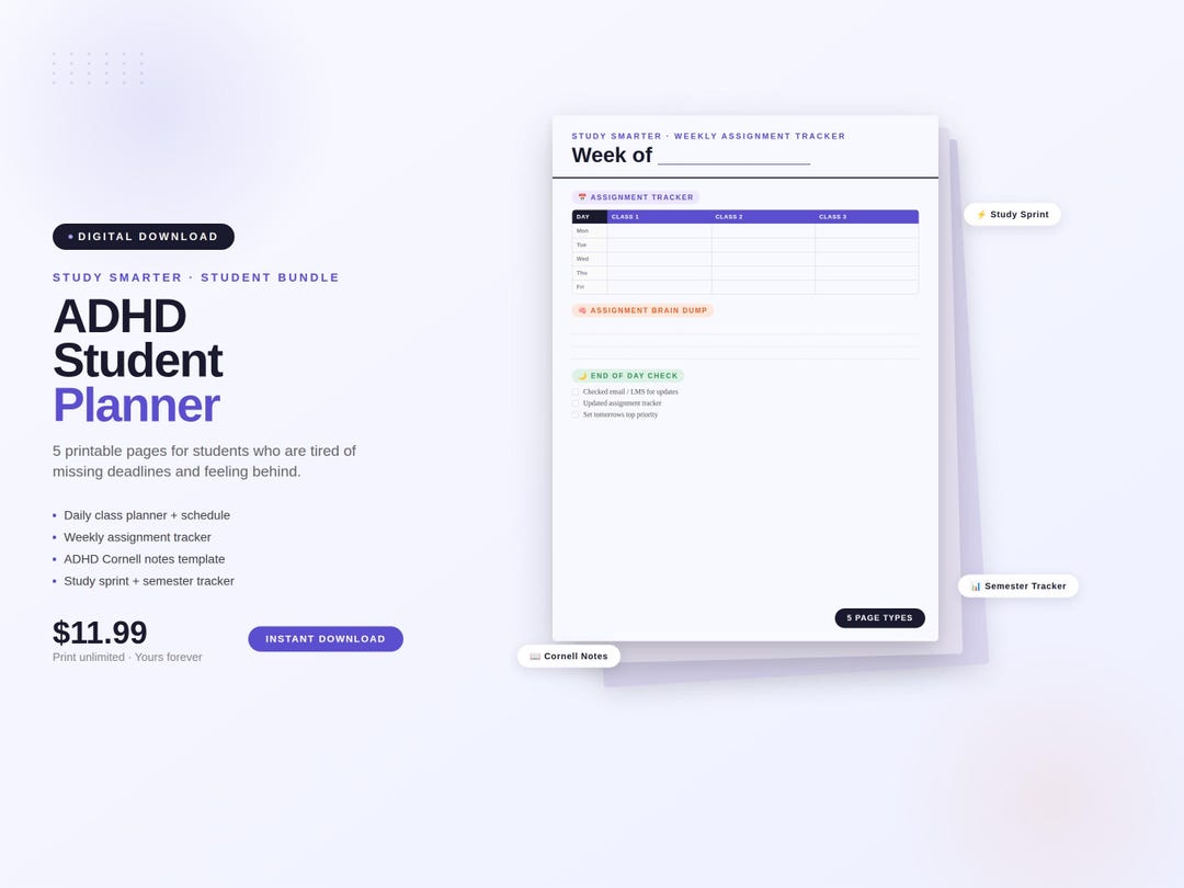 ADHD Student Planner Printable | College & High School ADHD Planner ...
