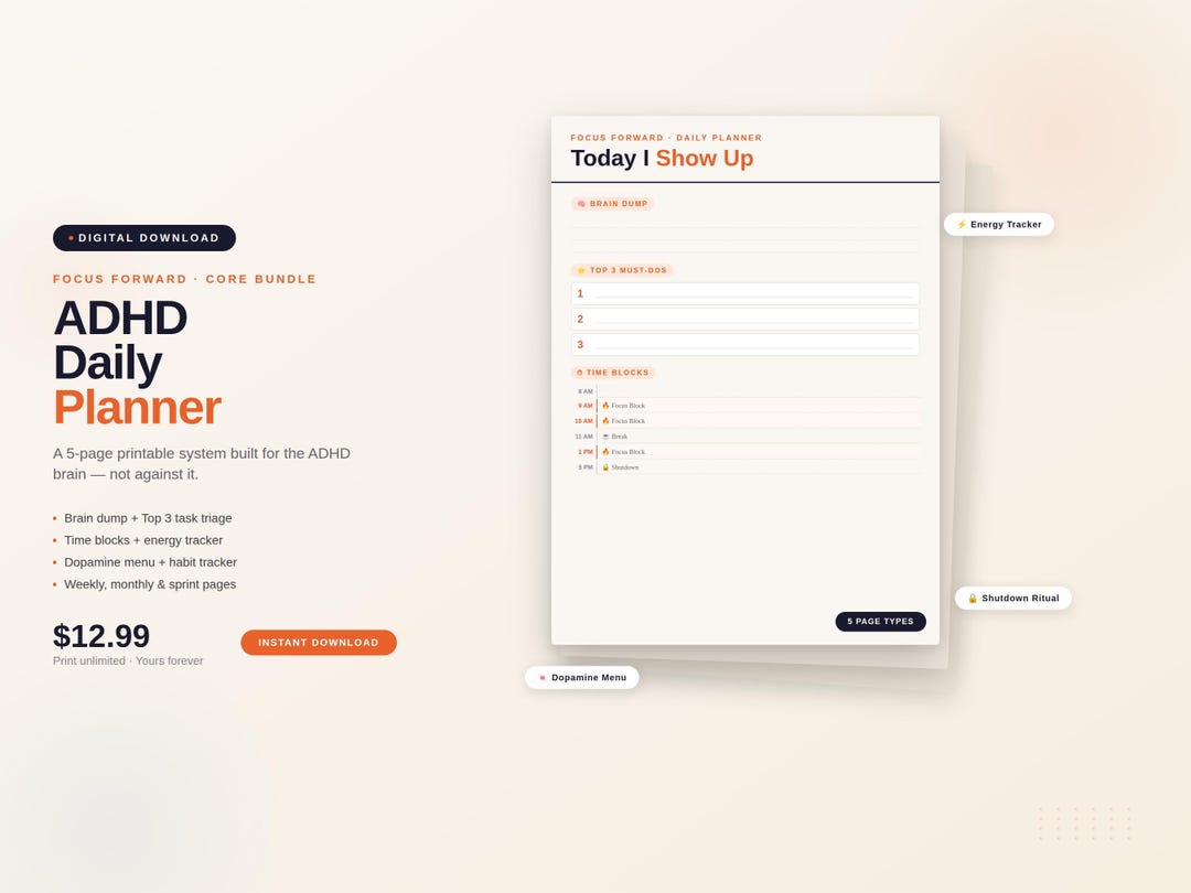 ADHD Planner Bundle Printable | Focus Forward 5-pg System | Daily ...