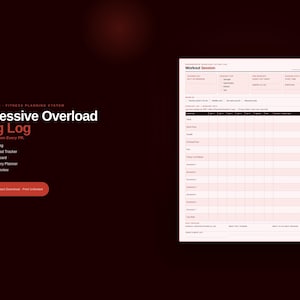 May include: A fitness planning system titled "Progressive Overload Lifting Log" with a workout session log, personal record board, and monthly training review. The text is in white and red on a dark red background.