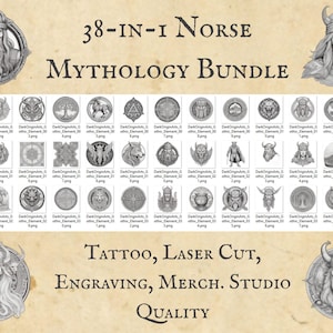 May include: A collection of 38 Norse mythology designs, including Viking portraits and various symbols. The image features the text "38-IN-1 NORSE MYTHOLOGY BUNDLE" and "TATTOO, LASER CUT, ENGRAVING, MERCH. STUDIO QUALITY". The designs are suitable for tattoos, laser cutting, and engraving.