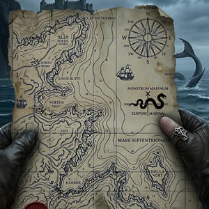 Vintage Nautical Fantasy Map, Northern Abyss Sea Chart, D&D Ocean Poster, Maritime Horror Decor, Monster Hunter Map, Digital Print, 3 Sizes